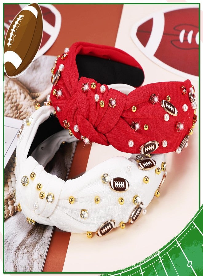 obeoby Football Headband for Women, Knotted Headbands Wide Pearl Rhinestone Hairband White Hair Accessories for Football Mom Fans Gifts - Image 3